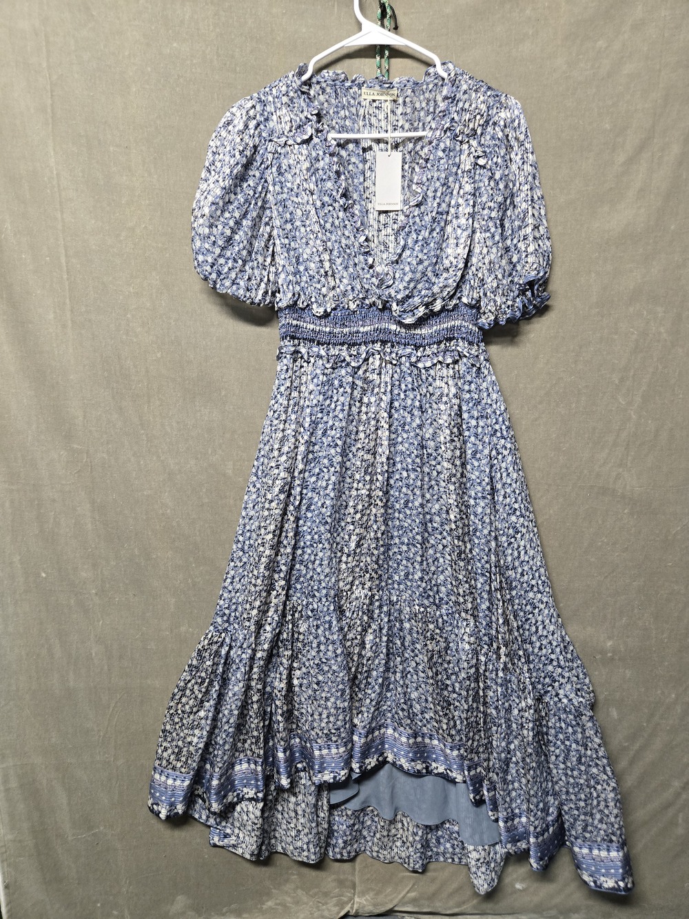 Ulla Johnson Blue Floral Puff Sleeve Smocked Waist Midi Dress Ruffle Size 6 NWT